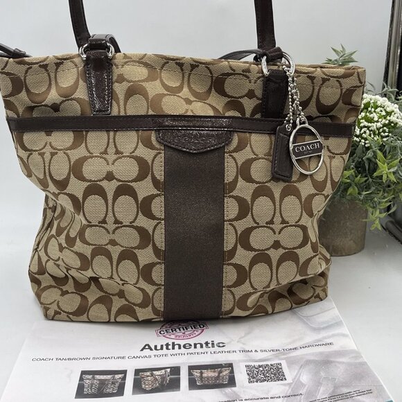 Authenticated Coach Signature Canvas Tote Patent Leather Trim Tan/Brown F28504 - Picture 1 of 15